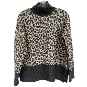 Marled Animal Print Mock Turtleneck Sweater Women's Medium Gray‎ Cream Split Hem